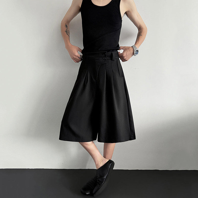 Button-embellished Draped Wide-leg Casual Suit Shorts