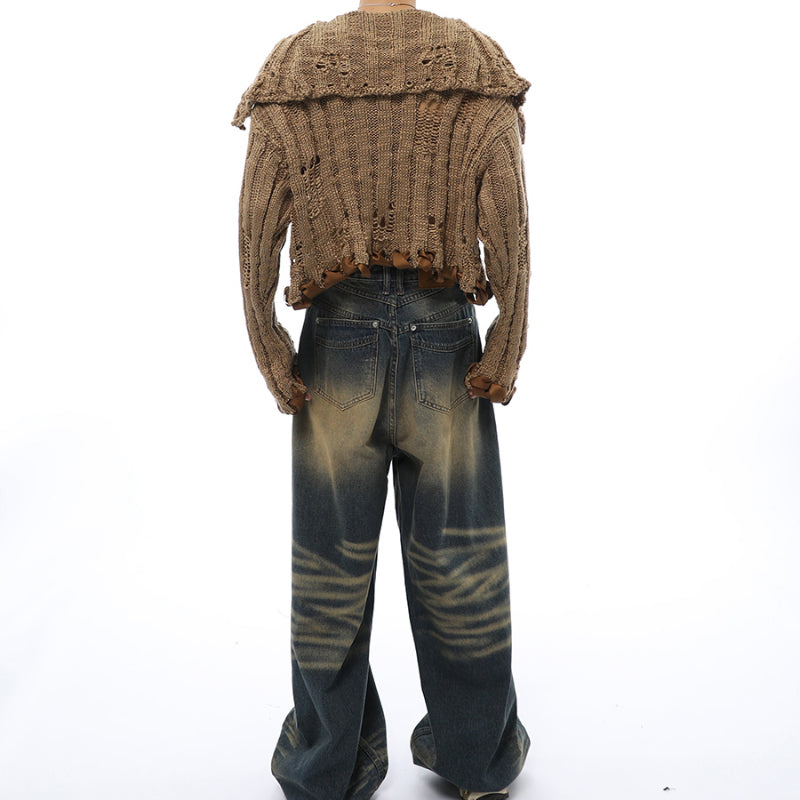 Distressed Lapel Short Knitted Sweater Cardigan