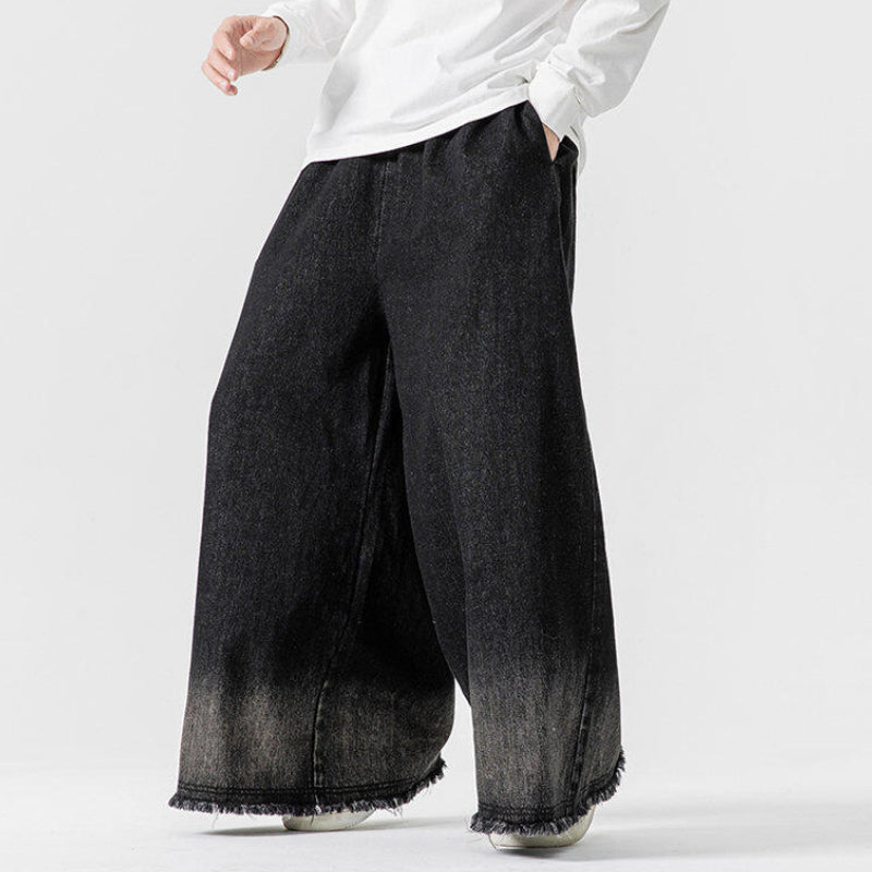 Japanese Retro Denim Gradient Color Raw Edge Wide Leg Pants