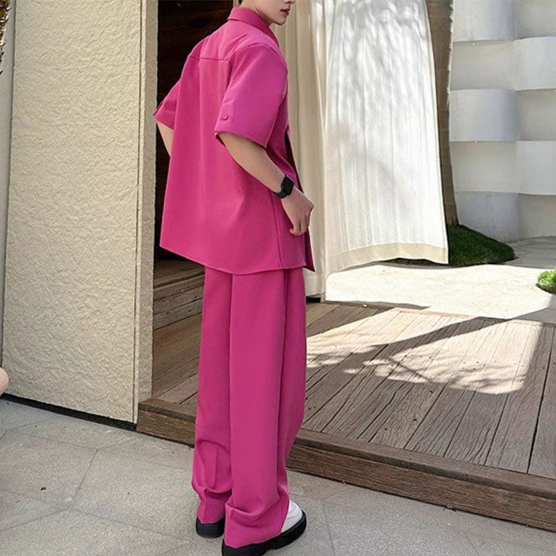 Slit Buttoned Shoulder Pad Shirt Wide Leg Trousers Two-Piece Set