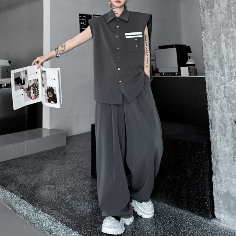Colorblock Sleeveless Vest Wide Leg Trousers Two-Piece Set