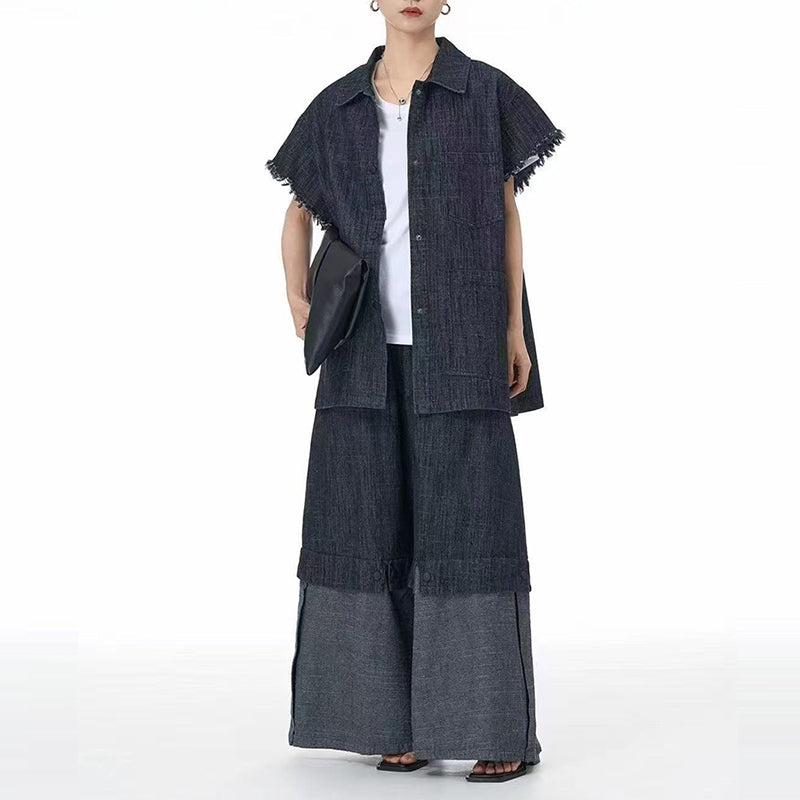 Square Neck Raw Edge Denim Vest Patchwork Jeans Two-Piece Set