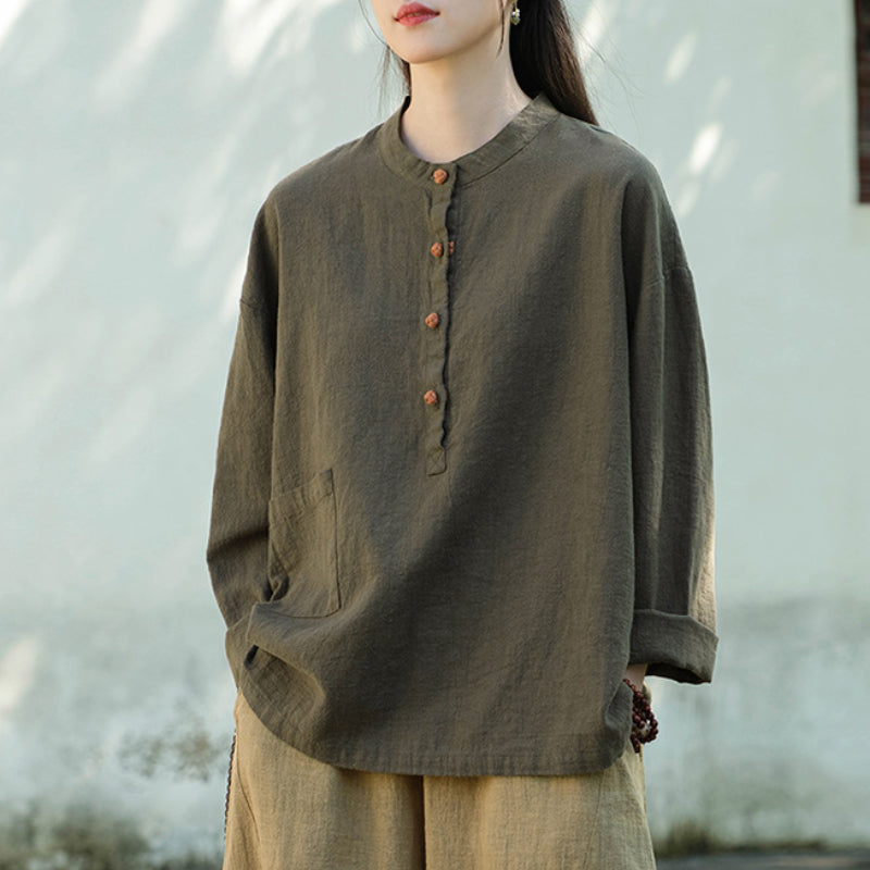 Linen Stand Collar Colorblock Buttoned Pullover Shirt