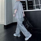 American Style Stand-up Collar Contrast Color T-shirt Zipper Wide-leg Trousers Two-piece Suit