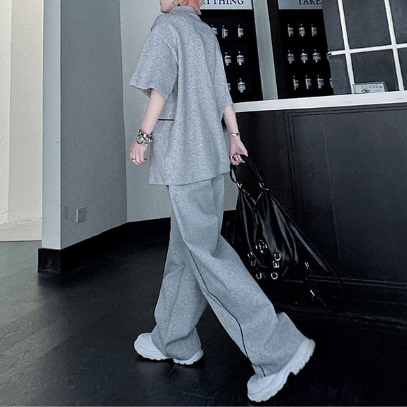 American Style Stand-up Collar Contrast Color T-shirt Zipper Wide-leg Trousers Two-piece Suit