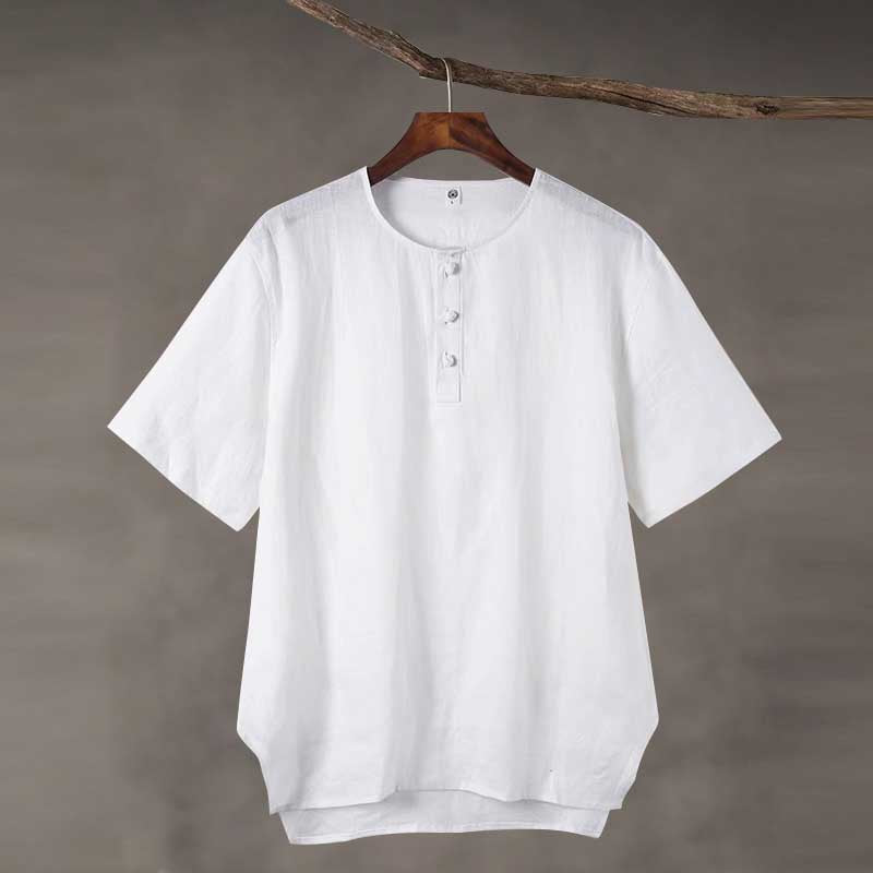 Linen Vintage Round Neck Button Down T-shirt