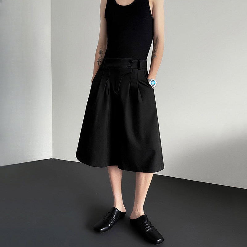 Button-embellished Draped Wide-leg Casual Suit Shorts