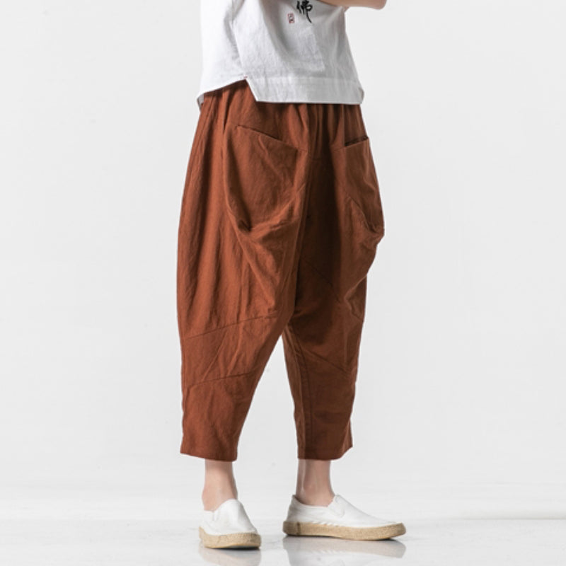 Cotton and Linen Cuffed Wide Leg Harem Pants