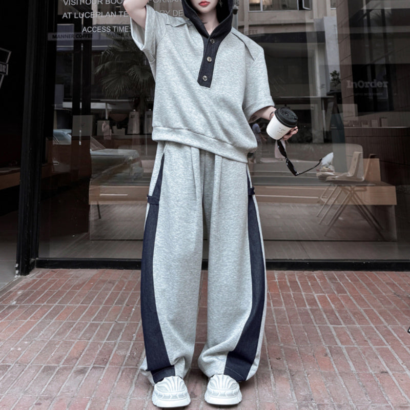 American Casual Contrast Color Stitching Hooded Sweatshirt Wide Leg Trousers Two-piece Set