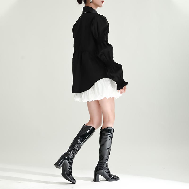 Puff Sleeve Lapel Collar Solid Color Shirt
