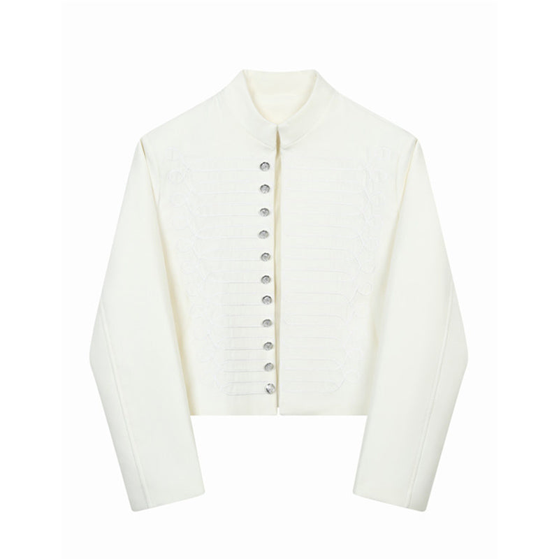 Multi-button Embroidered Stand Collar Cropped Jacket