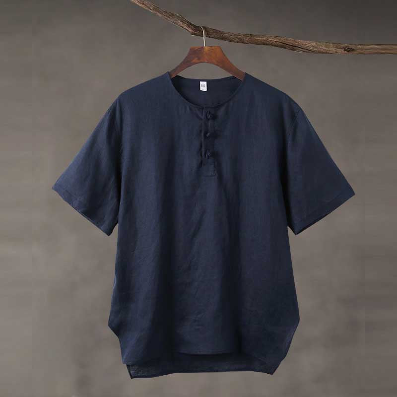 Linen Vintage Round Neck Button Down T-shirt