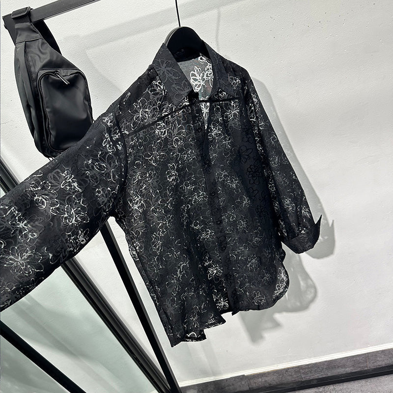 Hollow Floral Jacquard Loose Casual Shirt
