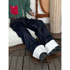 Cuffed Vintage Stitched Straight Jeans