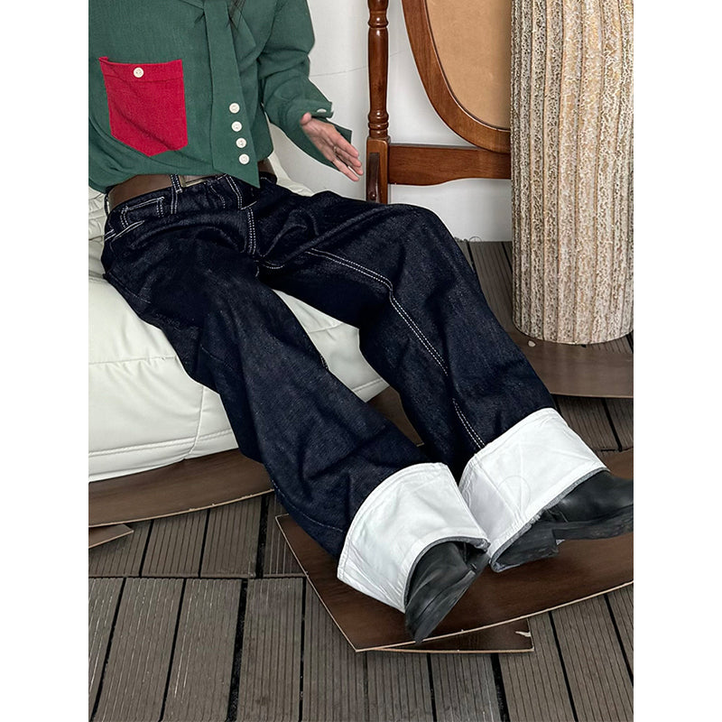 Cuffed Vintage Stitched Straight Jeans