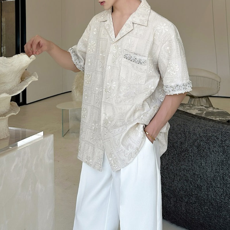 Jacquard Embroidered Cuban Collar Rhinestone Shirt