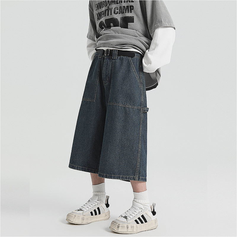 American Denim Cropped Loose Wide-leg Shorts