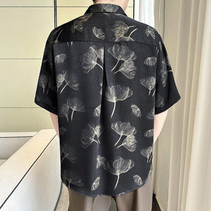Ice Silk Drape Lapel Floral Shirt