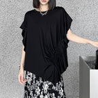Pleated Irregular Butterfly Sleeves Round Neck T-shirt