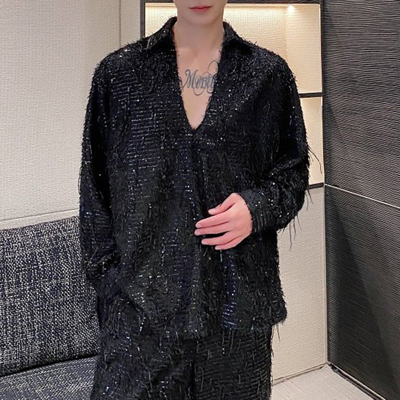 Sequined Fringed V-neck Shirt and Pants Suit