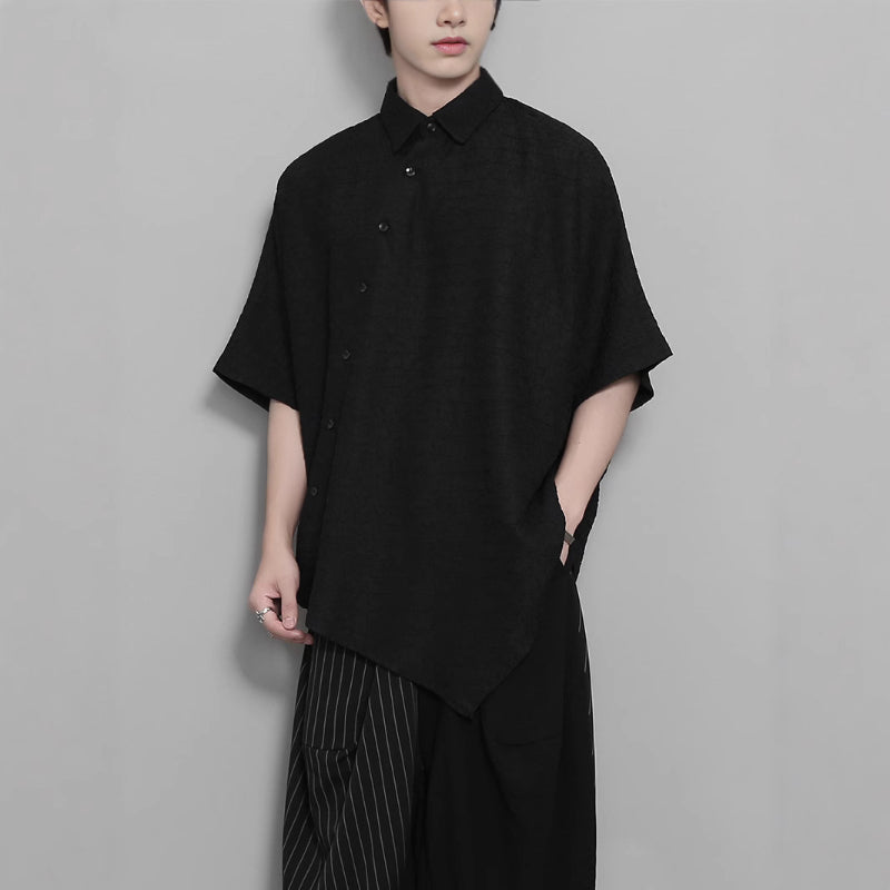 Dark Jacquard Retro Irregular Hem Short-sleeved Shirt