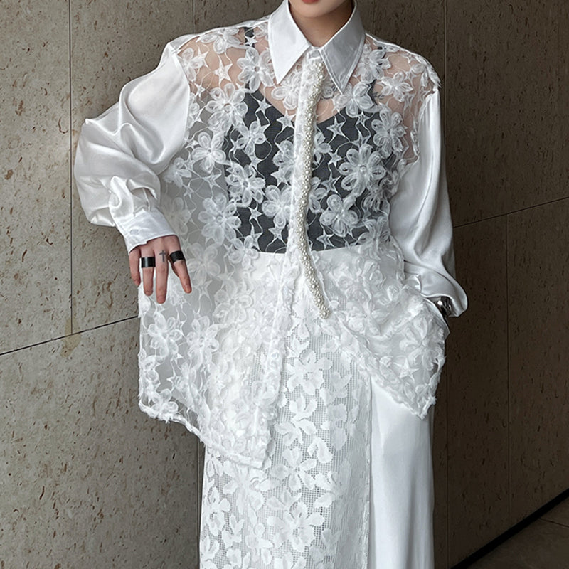 Hollow 3D Floral Stitching Pearl Shirt