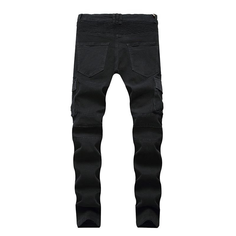 Street Multi-pocket Zipper Pleated Elastic Slim-fit Pants