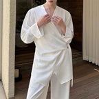 Silky Shiny Satin Tie Long-sleeved Shirt Casual Trousers Two-piece Suit