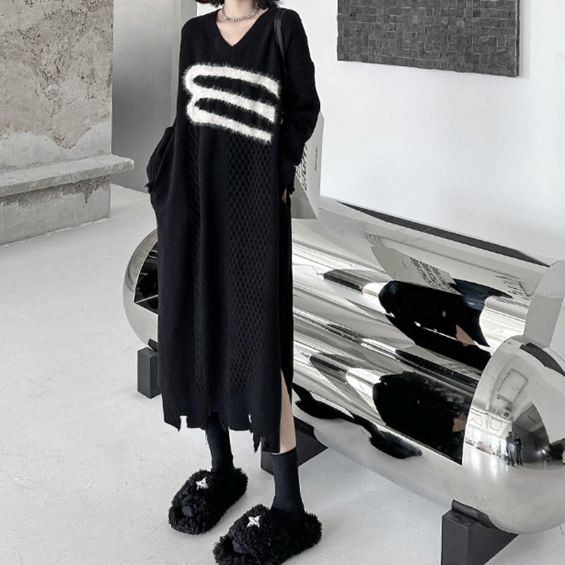 Autumn and Winter Thick Knitted V-neck Jacquard Long Sweater Dress