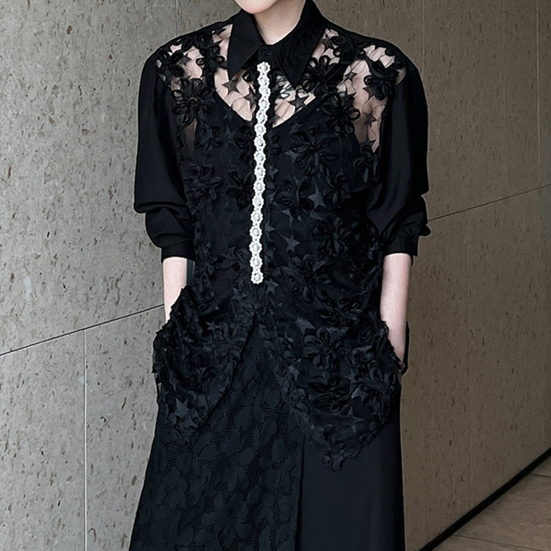Hollow 3D Floral Stitching Pearl Shirt