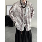 Retro Jacquard Stitching Stand Collar Ink Print Shirt