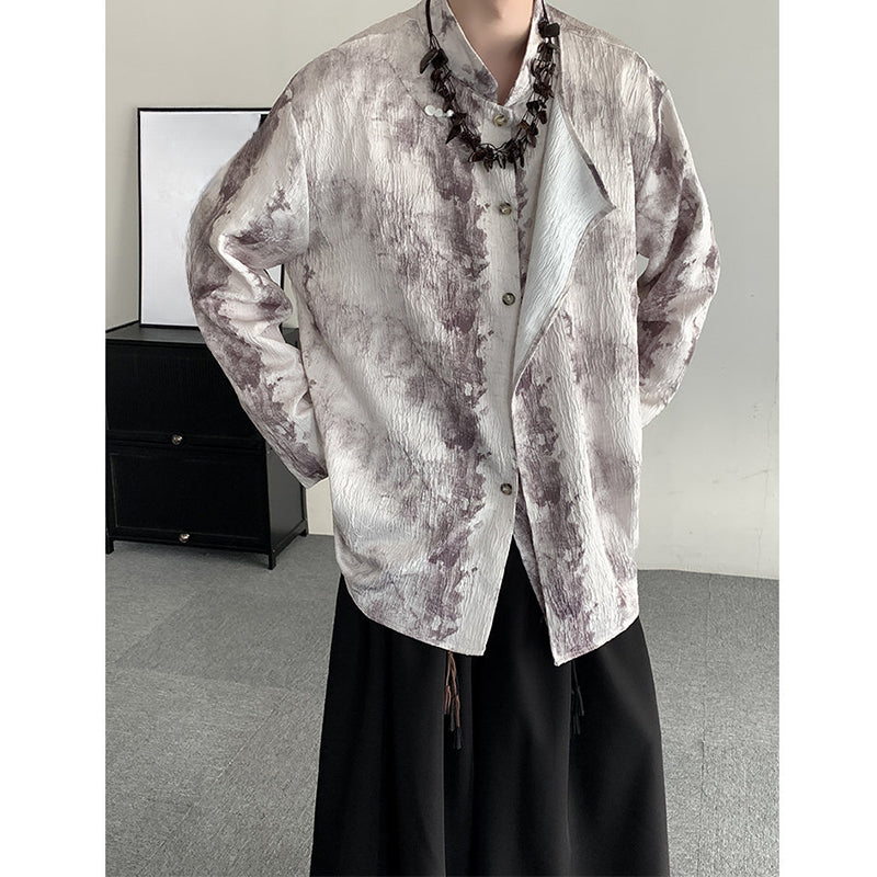 Retro Jacquard Stitching Stand Collar Ink Print Shirt