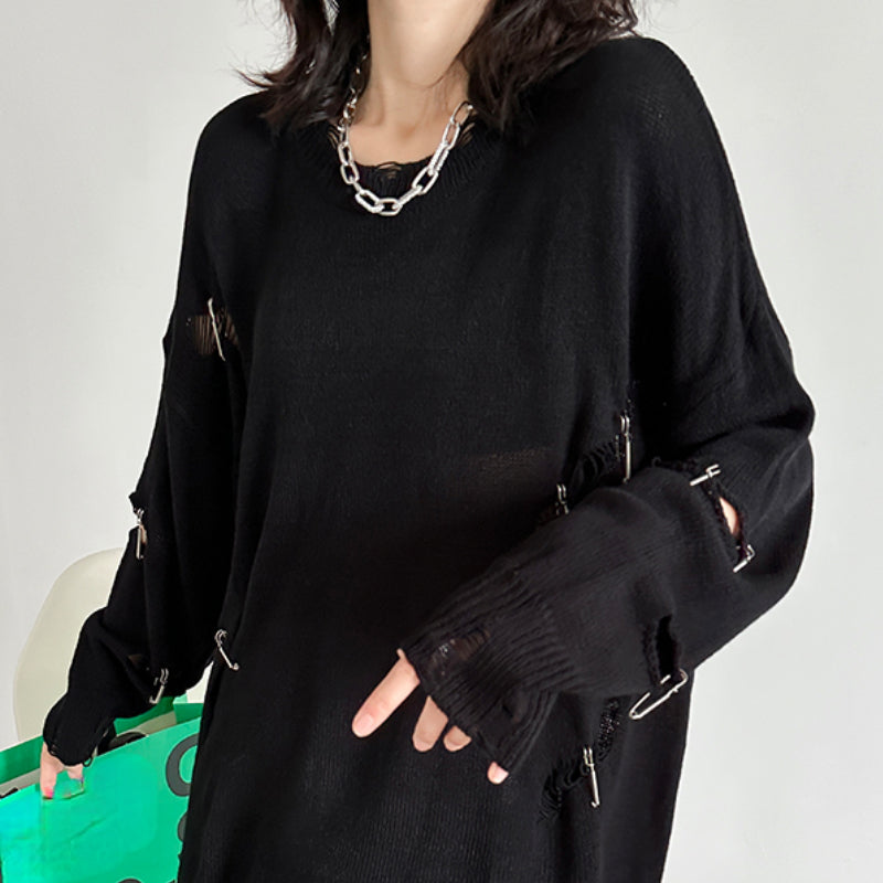 Round Neck Dark Ripped Sweater