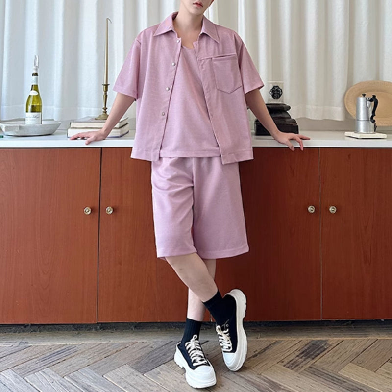 Summer Bright Silk Shirt Vest Shorts Three-piece Suit