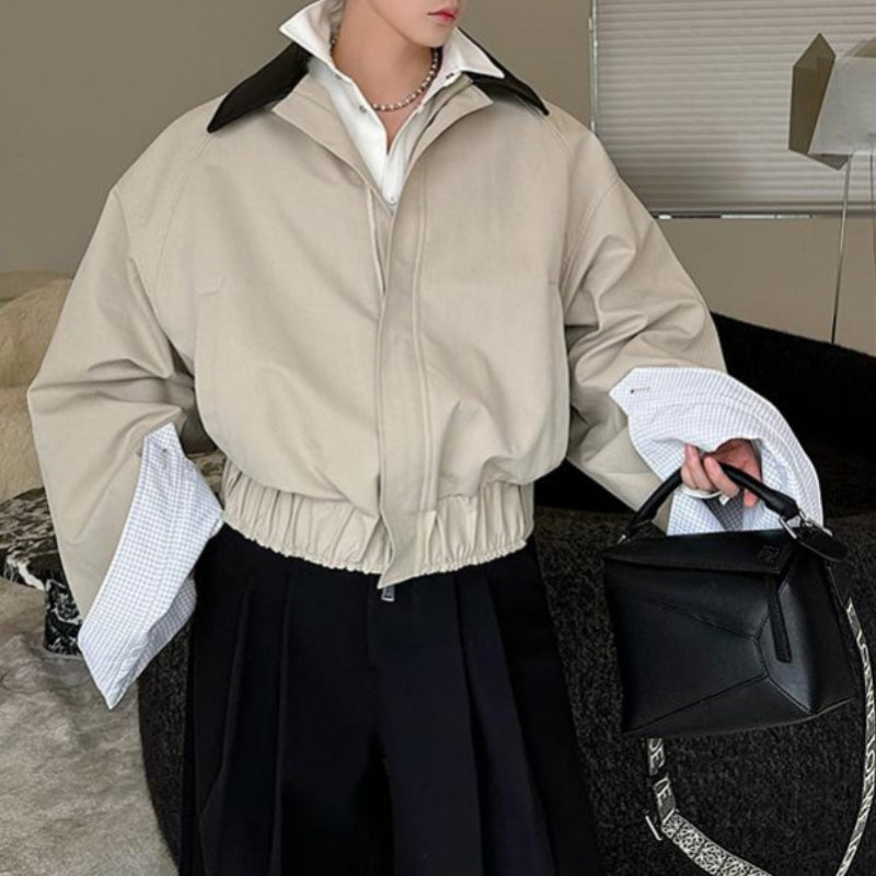 Leather Collar Contrast Plaid Oversized Turned-sleeve Cotton Jacket