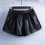 Leather A-line Elastic High Waist Loose Slim Wide Leg Shorts