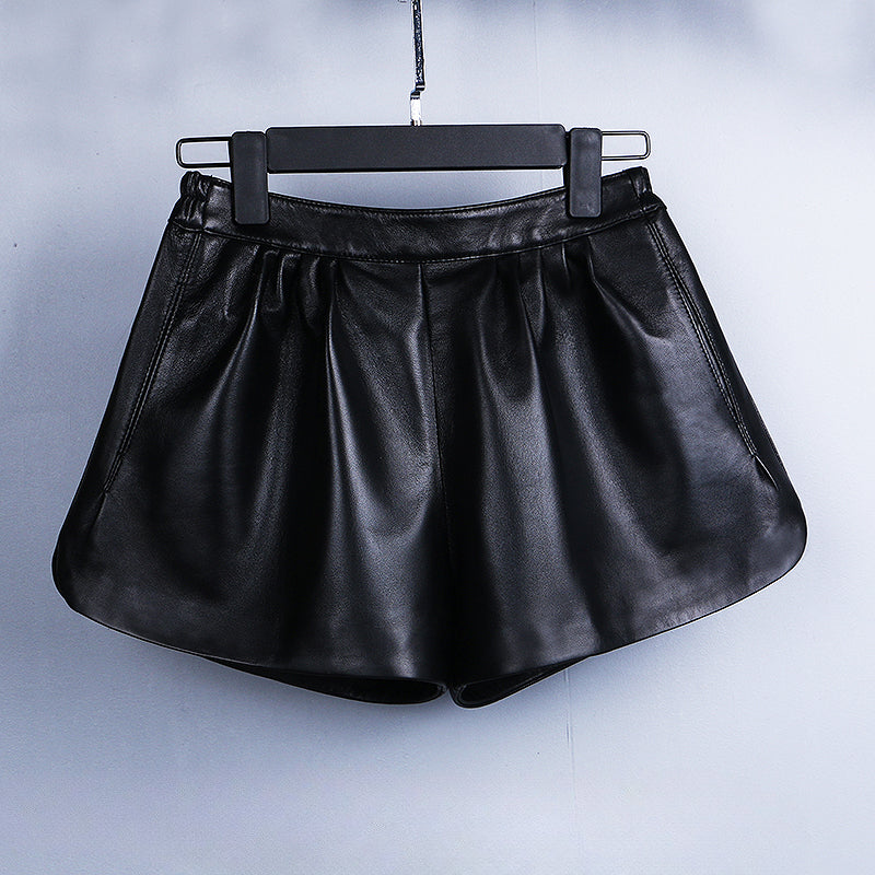 Leather A-line Elastic High Waist Loose Slim Wide Leg Shorts