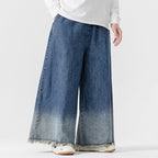 Japanese Retro Denim Gradient Color Raw Edge Wide Leg Pants