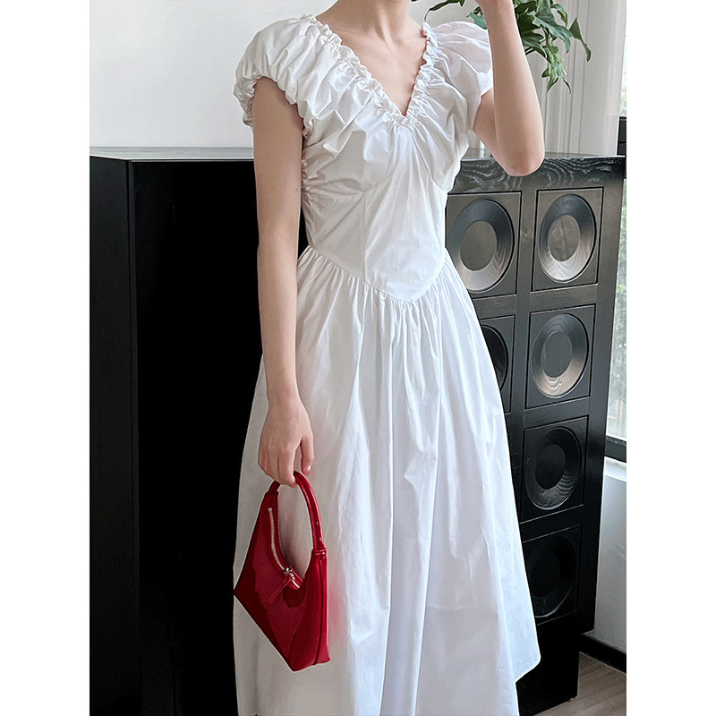 French Waist Halter V-neck Pleated Dress