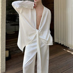 Silky Shiny Satin Tie Long-sleeved Shirt Casual Trousers Two-piece Suit