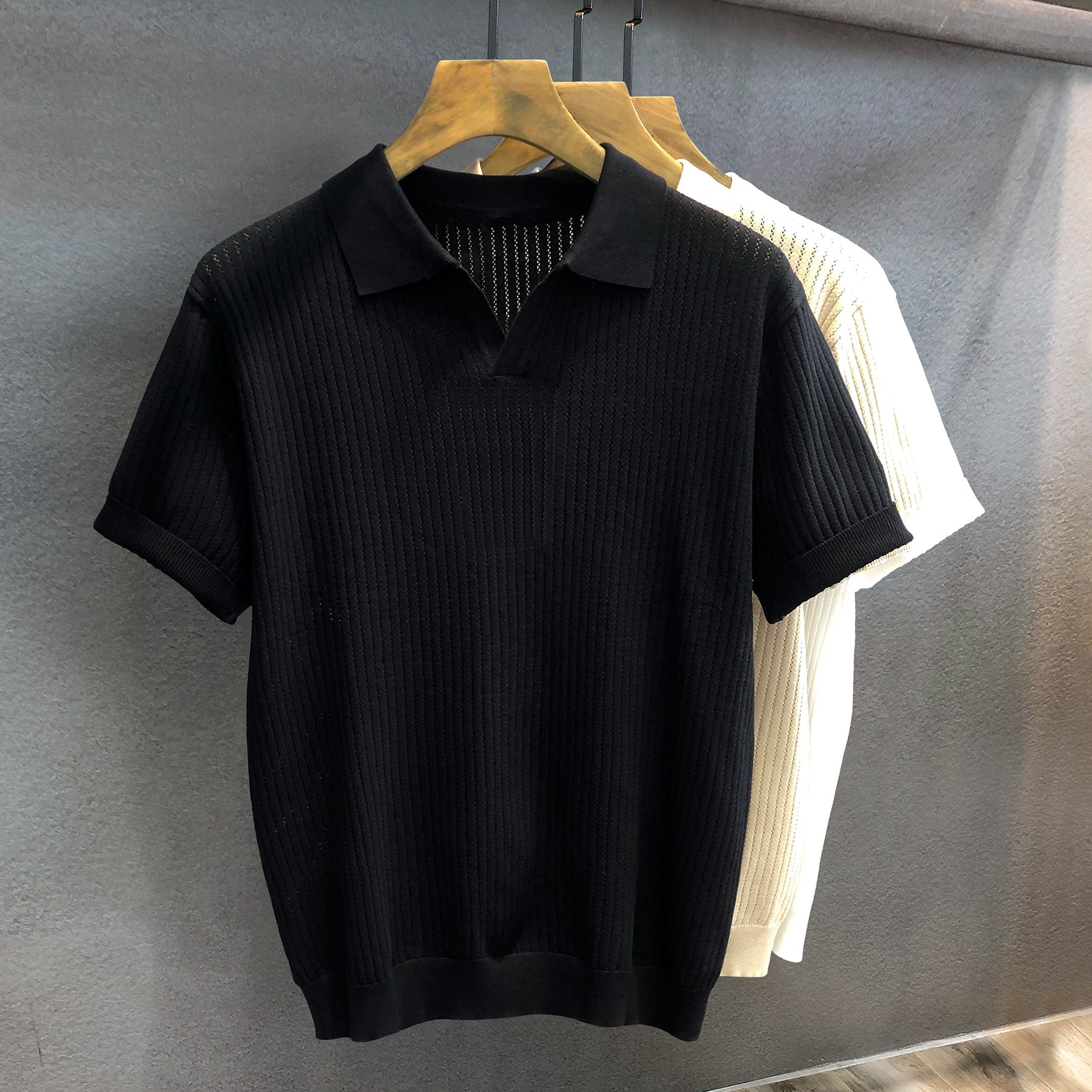 Ice Silk Hollow Pattern Knitted Lapel Polo Shirt