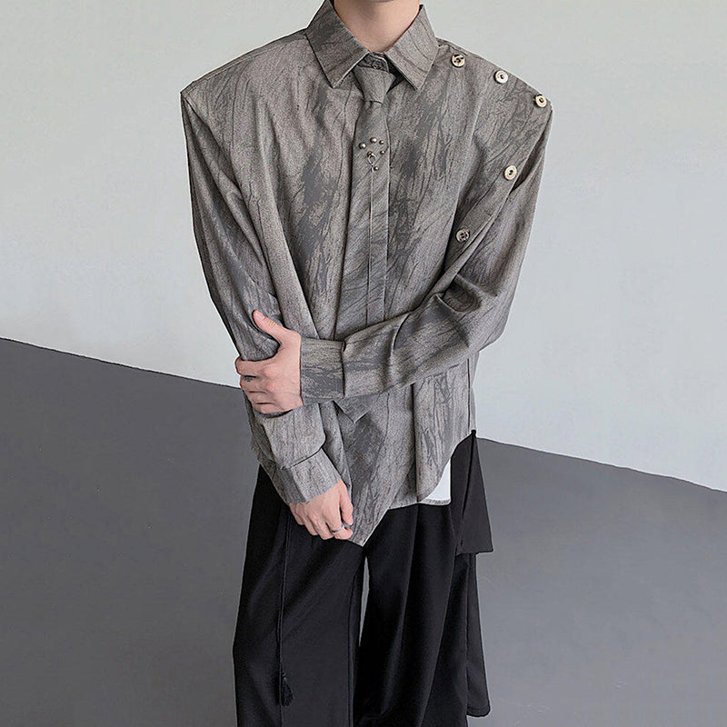 Metal Chain Tie Padded Shoulder Patchwork Shirt