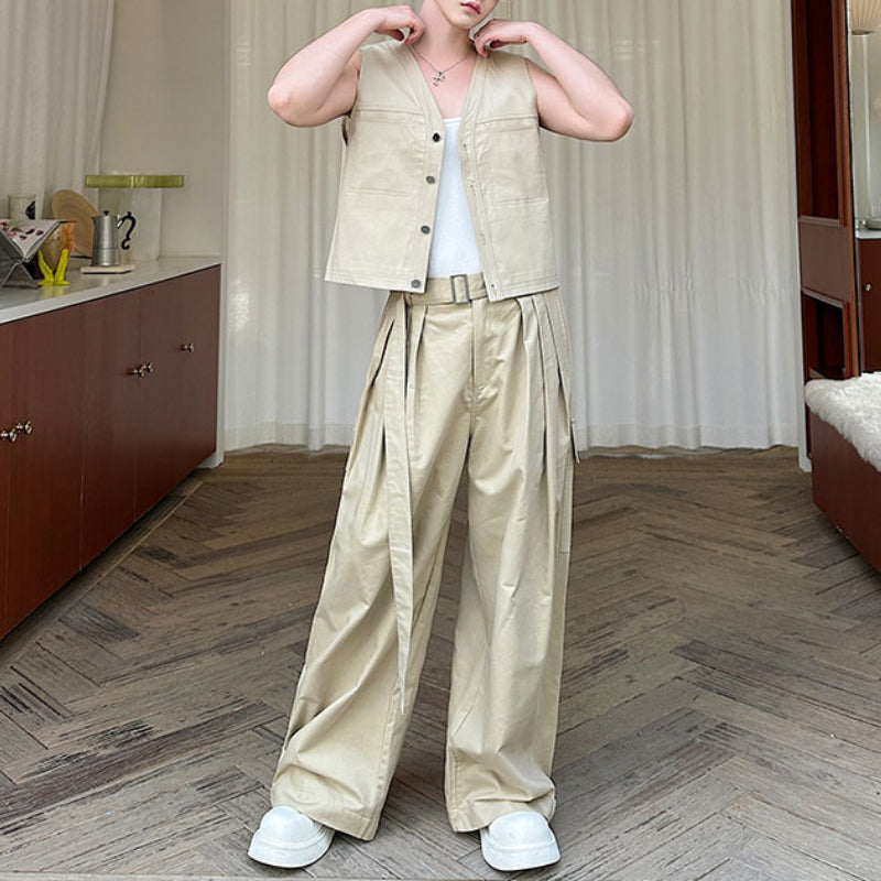 Casual Short Cardigan Vest Wide Leg Trousers Workwear Two-piece Set