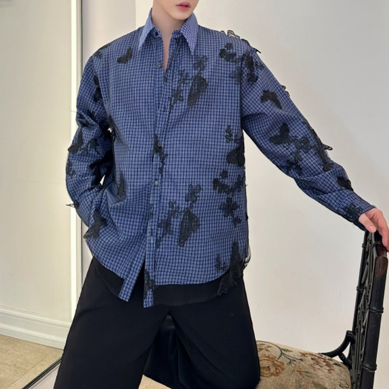 Vintage Butterfly Lace Mesh Splicing Plaid Shirt