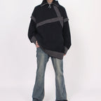 Retro Lazy Patchwork Half-zip Lapel Sweater