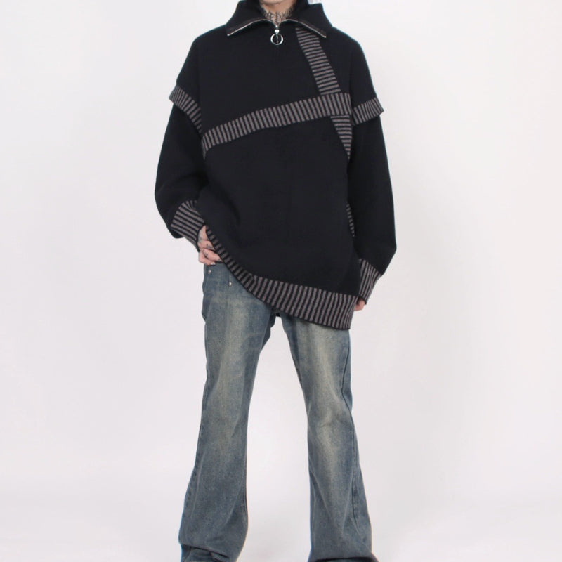 Retro Lazy Patchwork Half-zip Lapel Sweater