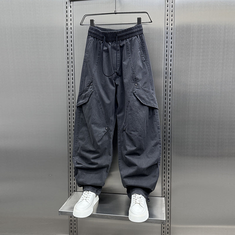 Retro Pleated Multi-Pocket Loose Straight Wide-Leg Pants