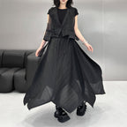 V-neck Gauze Vest Asymmetric Pleated Loose Curved Skirt