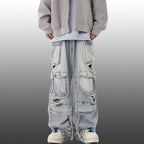 Ripped Denim Loose Straight-leg Multi-pocket Trousers
