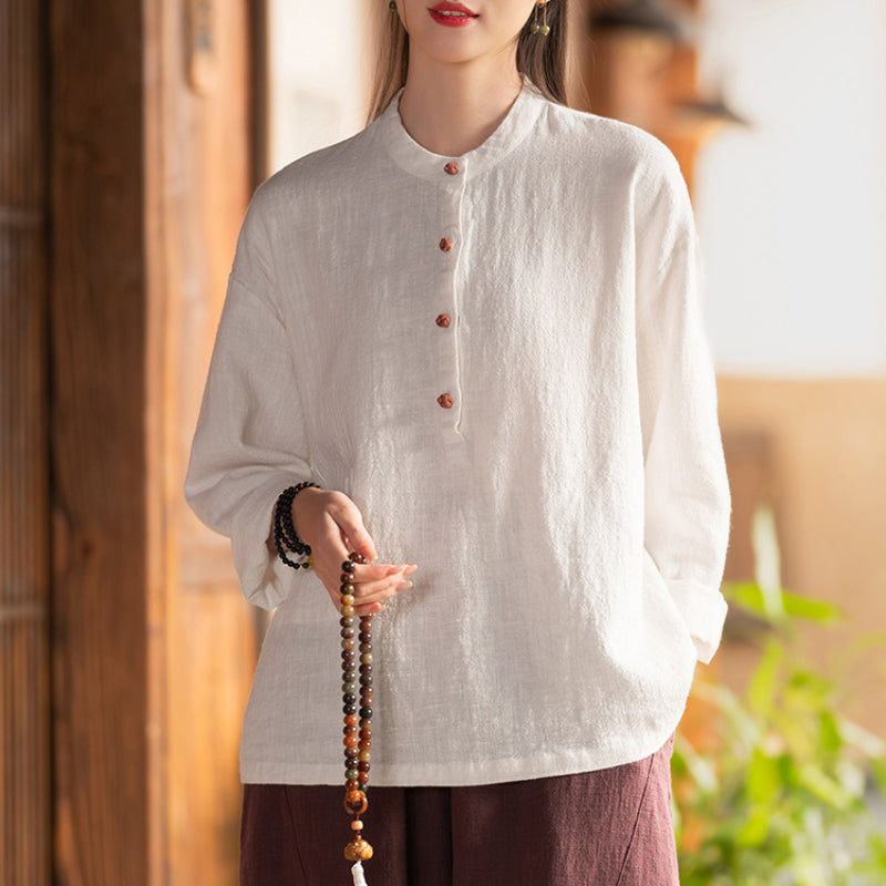 Linen Stand Collar Colorblock Buttoned Pullover Shirt